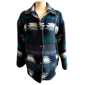 VTG Braetan Blanket Coat Womens M Blue Green Aztec Southwestern Jacket